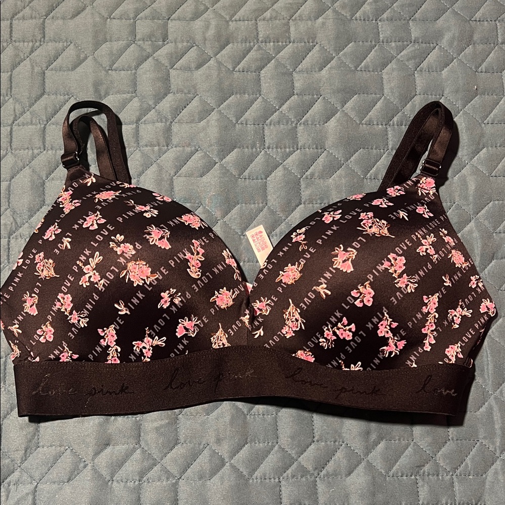 PINK Victoria's Secret Black Bra with Pink Floral Design